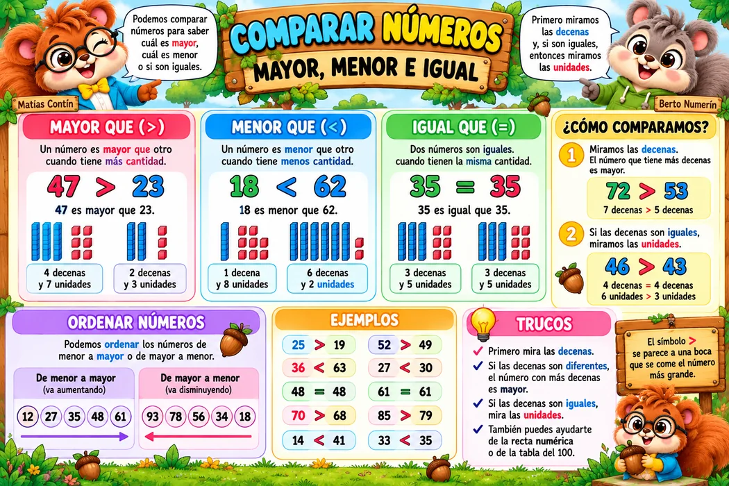 Lámina ilustrada de comparar números con Matías y Berto