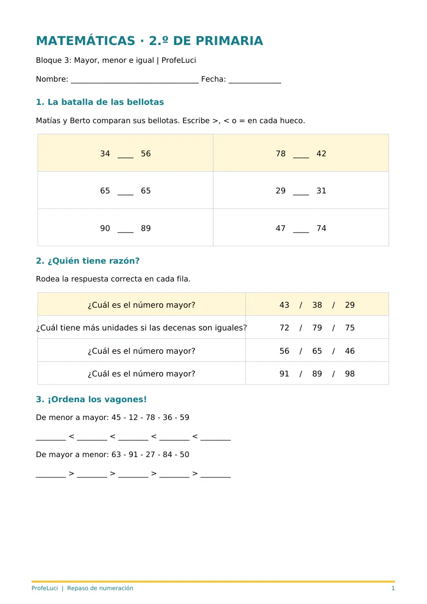 Ficha PDF de comparar números con Matías y Berto