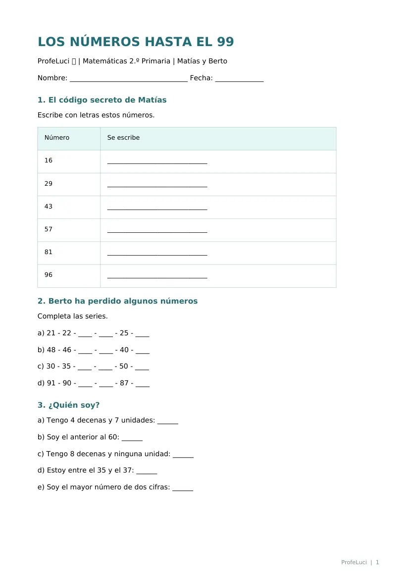 Primera página de la ficha para repasar números hasta el 99