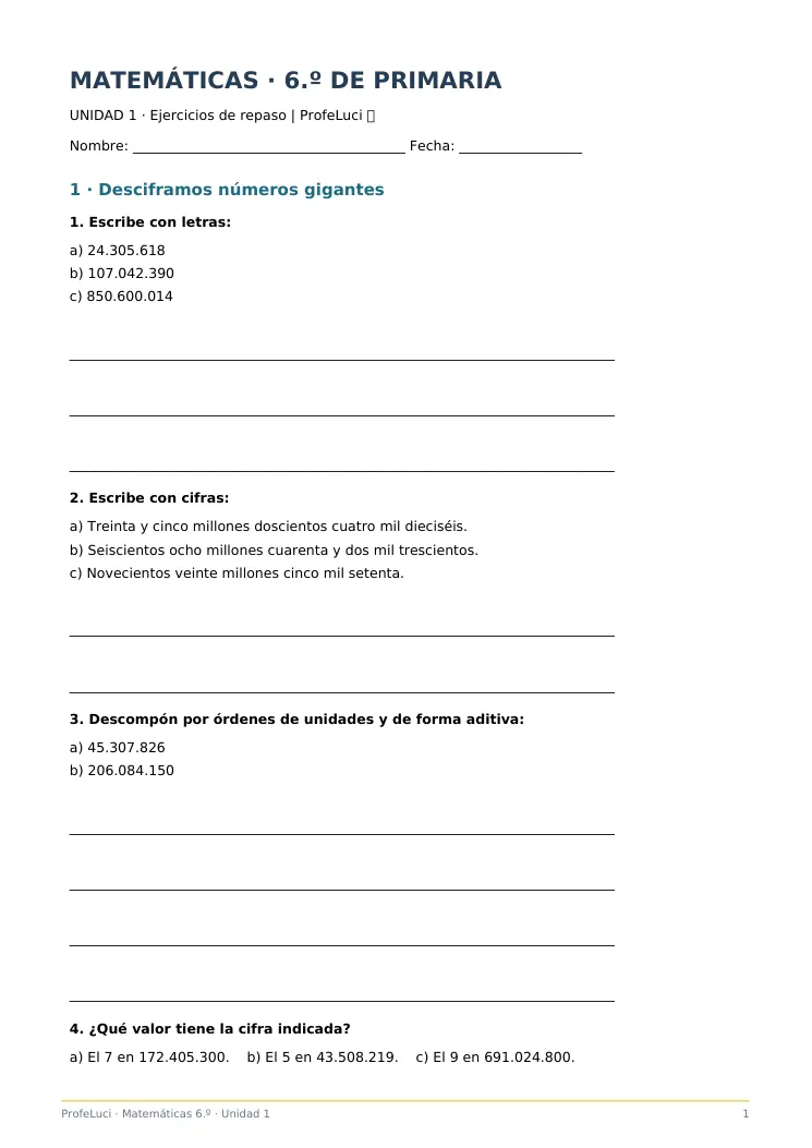 Ejercicios de Matemáticas de 6.º de Primaria