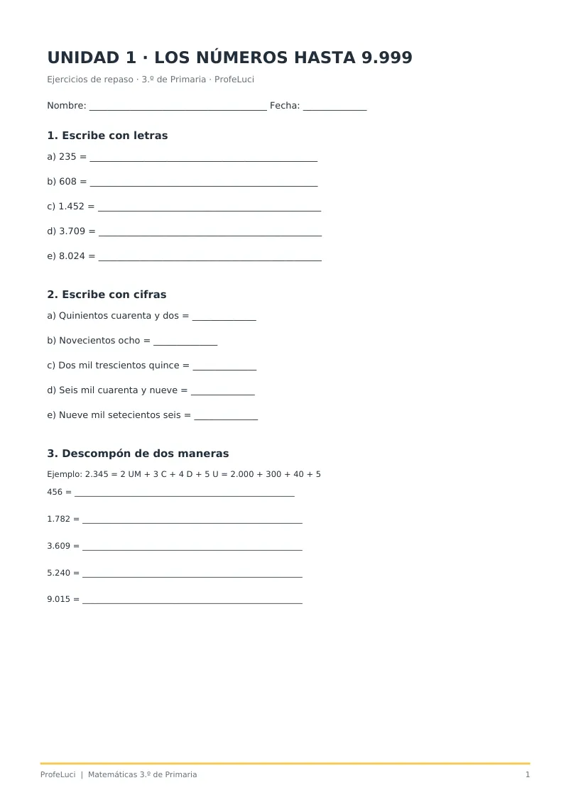 Ejercicios Matemáticas 3.º de Primaria