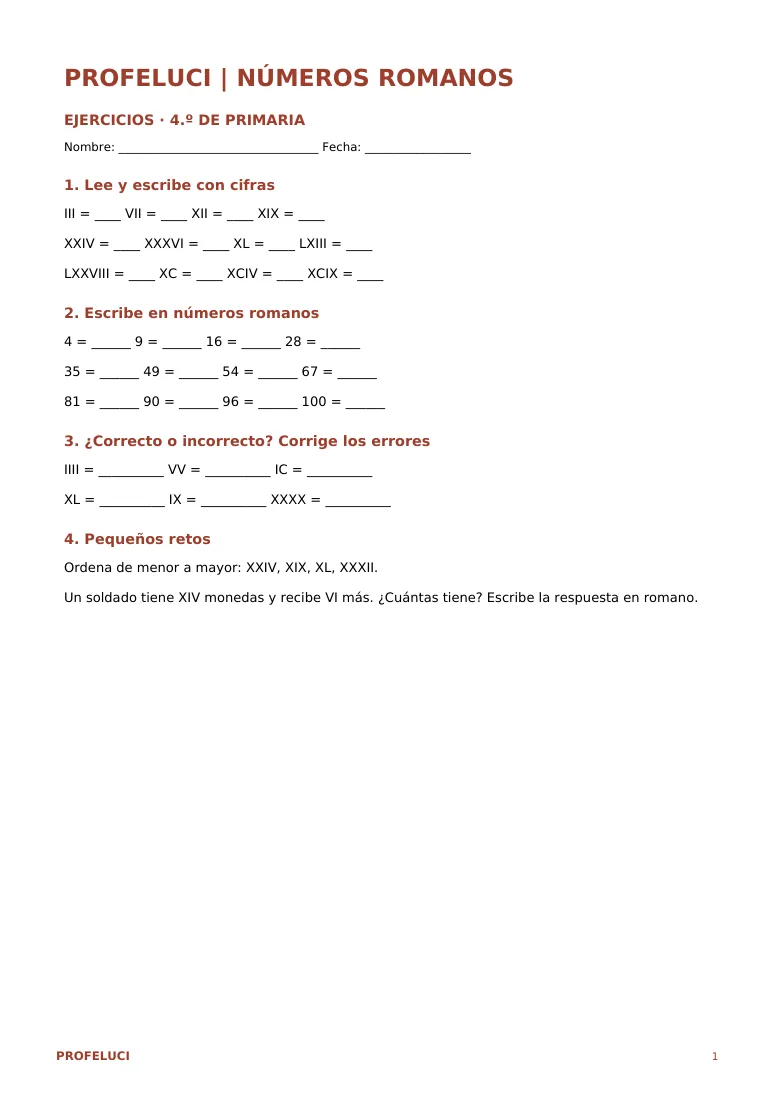 Ejercicios de números romanos de 4.º con solucionario