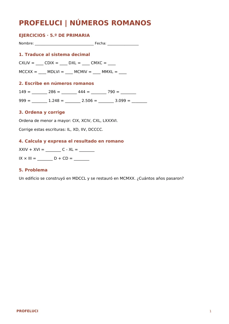 Ejercicios de números romanos de 5.º con solucionario