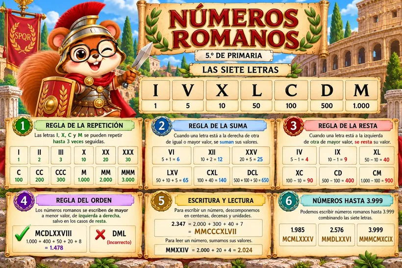 Lámina de números romanos de 5.º de Primaria con Matías Contín y las siete letras