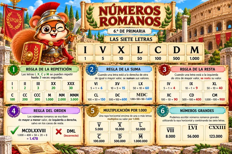 Infografía corregida de números romanos de 6.º con Matías Contín, siete letras y reglas de suma y resta