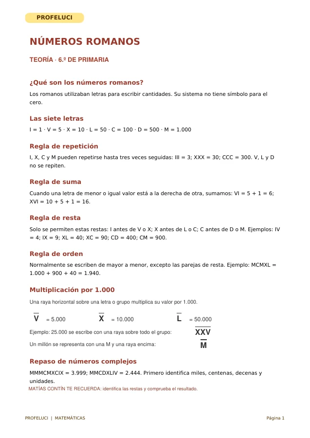 Hoja de teoría de números romanos con valores, repetición, resta y números mayores de 3999