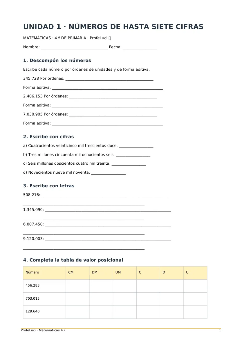 Primera página de la ficha para cuarto de Primaria