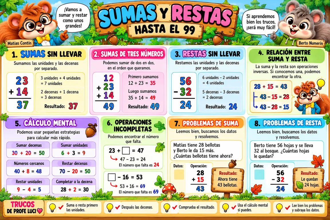 Infografía de sumas y restas con Matías y Berto
