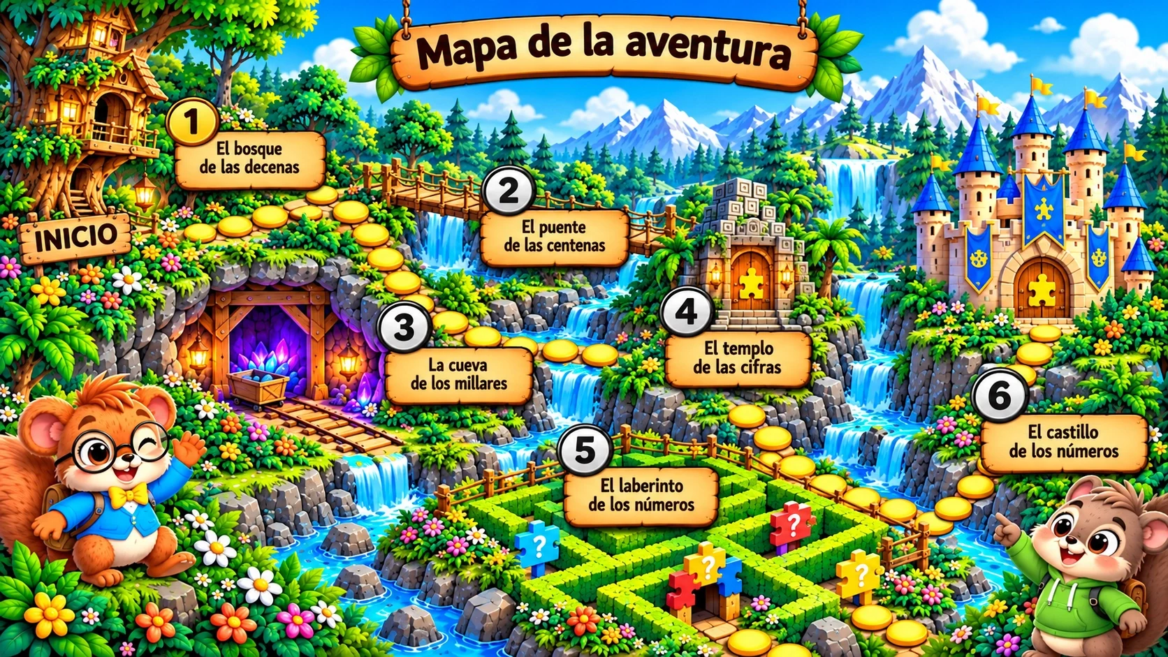 Mapa oficial horizontal con seis mundos